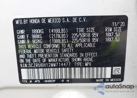 2021 Honda Hr-V Awd Sport из США, поврежденный, VIN 3CZRU6H12MM714477